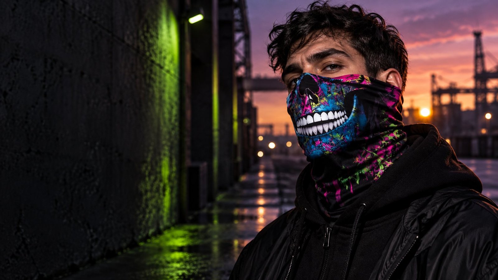 Escena publicitaria generada con IA de una persona con braga de cuello de diseño urbano